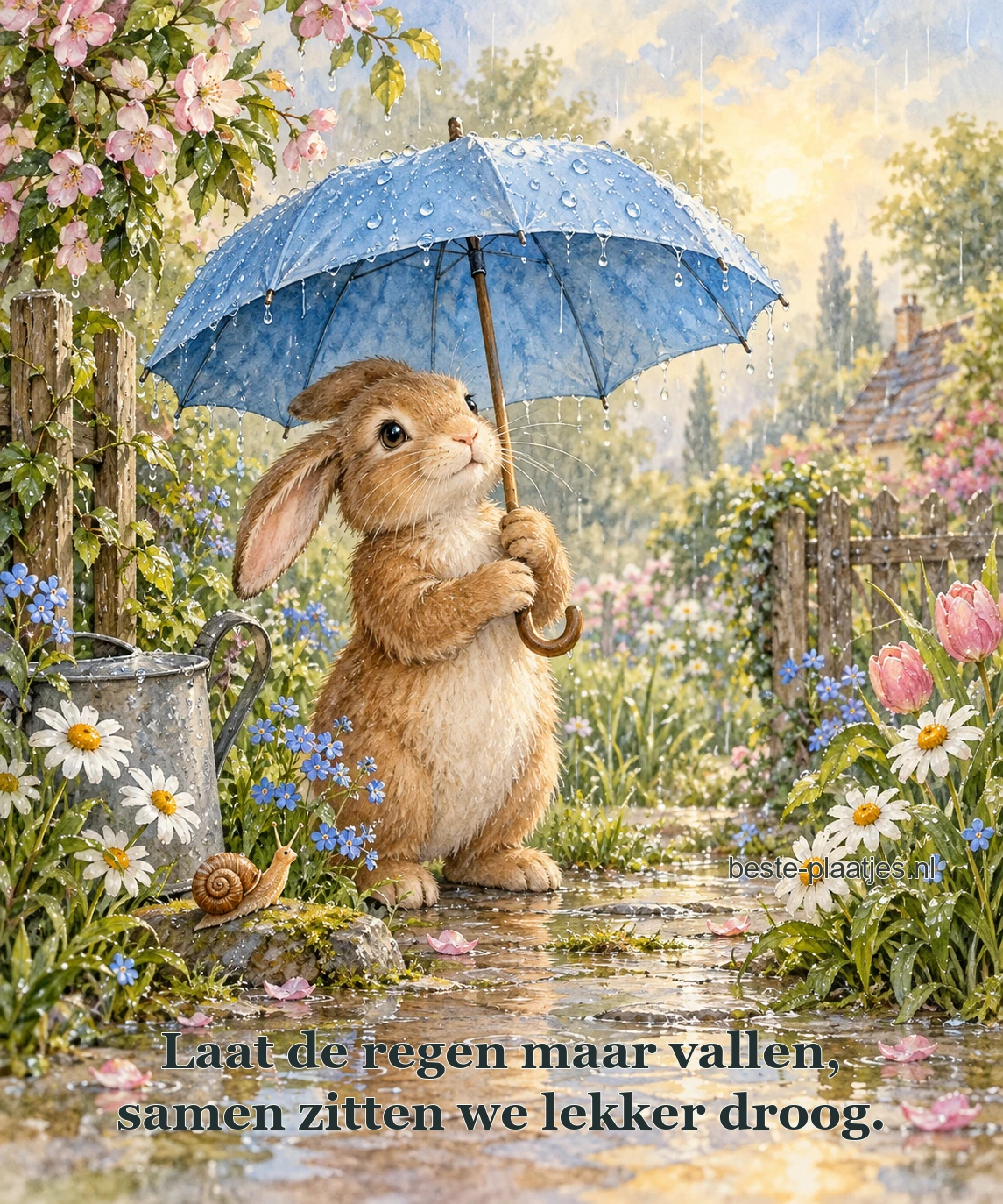 Een bruin konijn schuilt onder een blauwe paraplu tussen bloemen en slak.