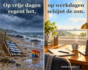 Een regenachtig vakantiestrand staat naast een zonnige werkplek.