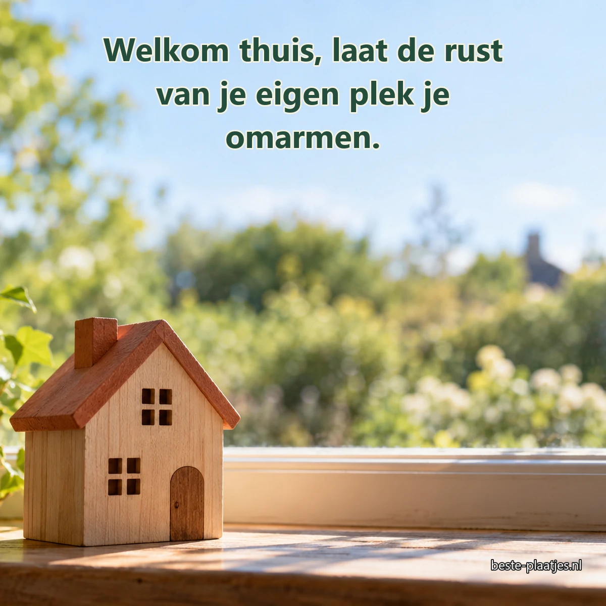 Een houten huisje staat op een vensterbank met uitzicht op een tuin.