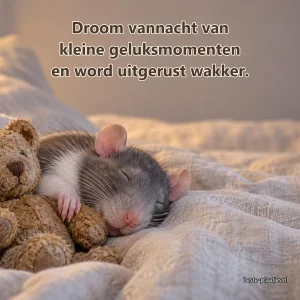 Een kleine rat slaapt naast een versleten teddybeer op zacht beddengoed.