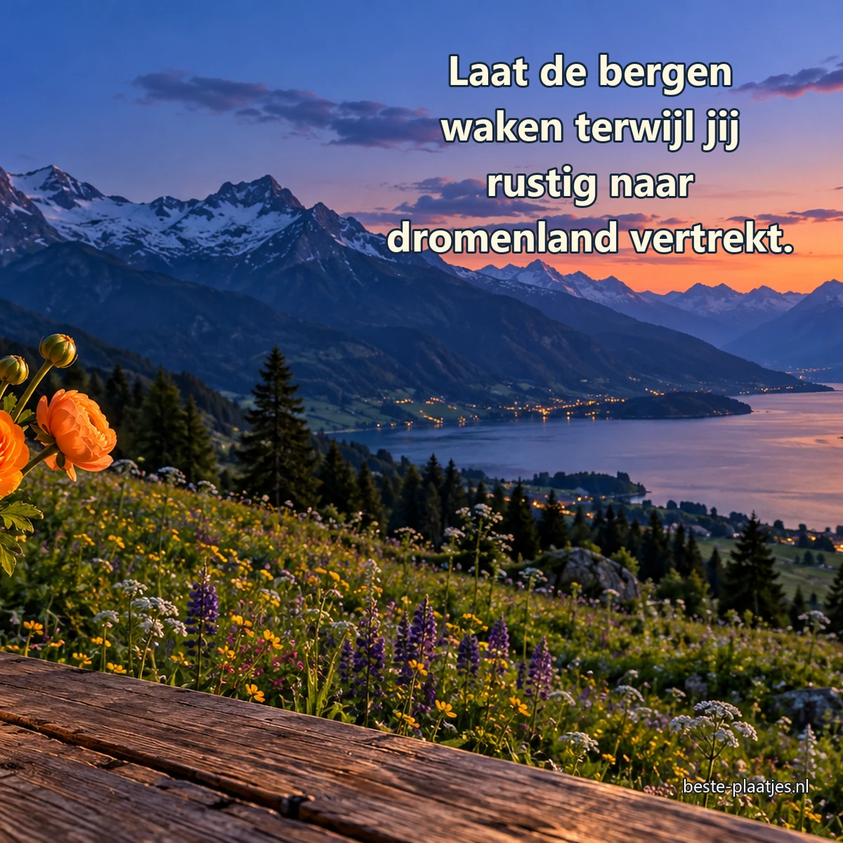 Een vaas met bloemen staat bij een bergweide tijdens het blauwe uur.