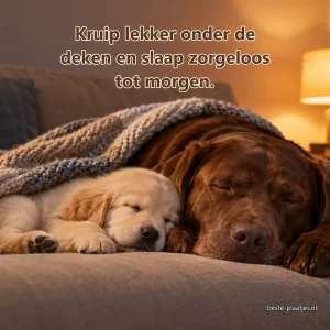 Een grote hond en een puppy slapen samen onder een gebreide deken.