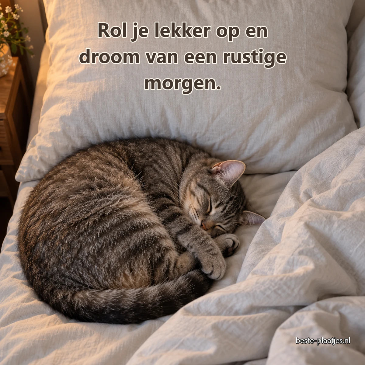 Een grijze kat ligt opgerold te slapen op een linnen kussen.