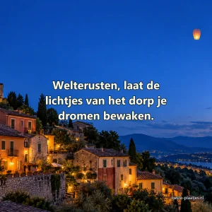 Een kleurrijk bergdorp gloeit tijdens het blauwe uur onder een lampion.