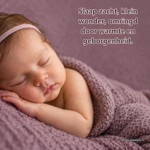 Een pasgeboren baby slaapt op een zacht mauvekleurig gebreid kleed.