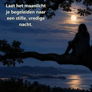 Een vrouw zit als silhouet op een lage tak voor de volle maan.