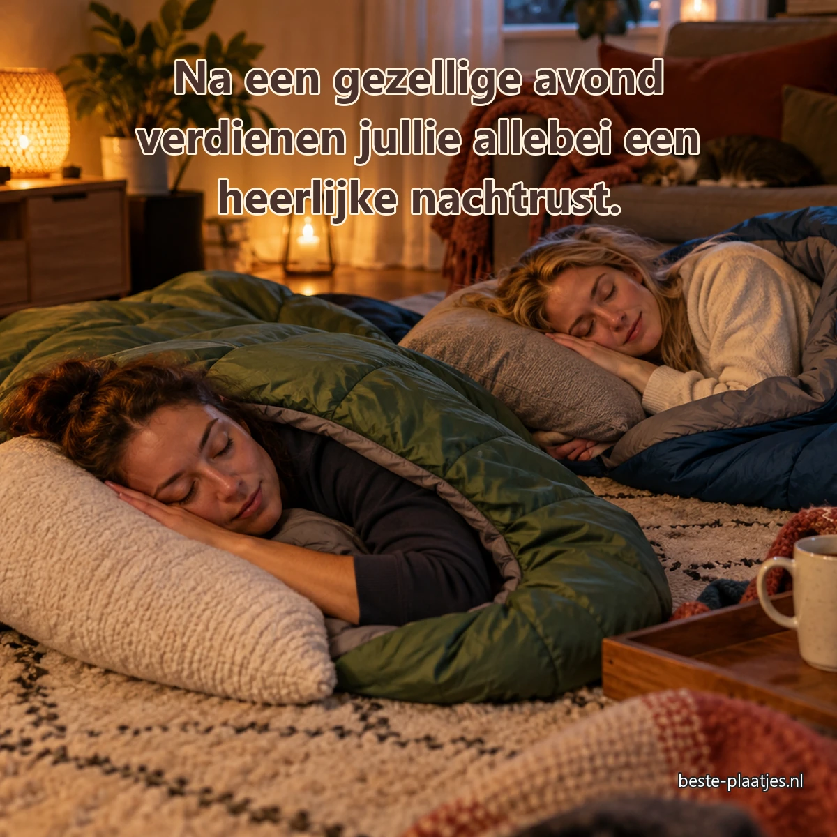 Twee vrienden slapen in slaapzakken na een filmavond in de woonkamer.
