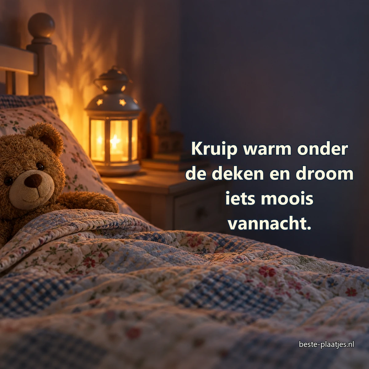Een oude teddybeer ligt onder een deken naast een warme nachtlamp.