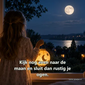 Een kind kijkt met een papieren maanlamp naar de volle maan buiten.