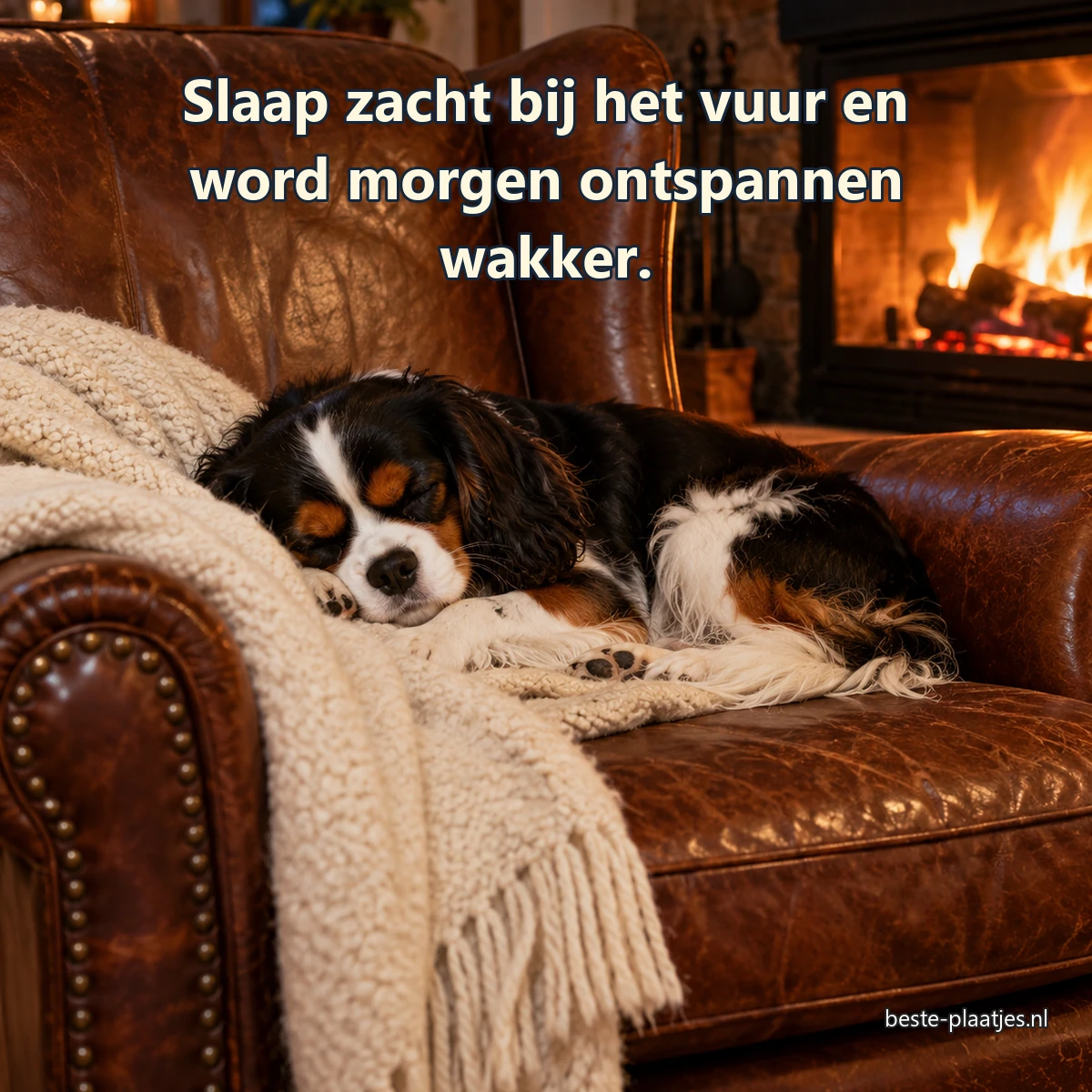 Een kleine hond slaapt in een leren stoel naast een zacht haardvuur.