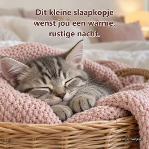 Een grijze kitten slaapt onder een roze deken in een lage mand.