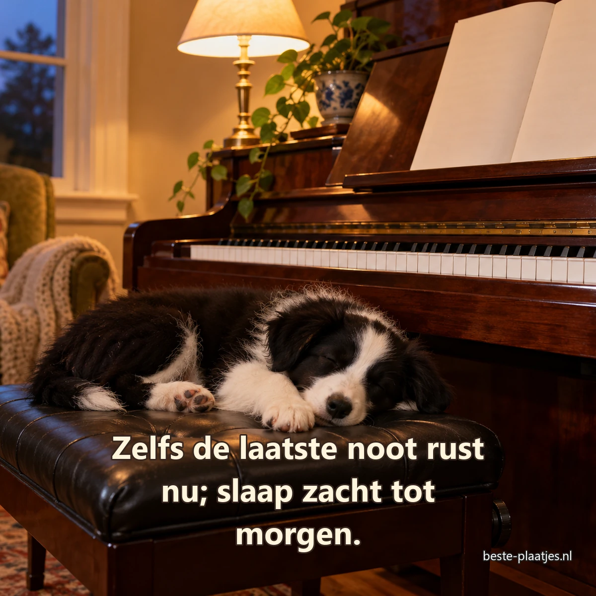 Een zwart-witte puppy slaapt op een bankje voor een houten piano.