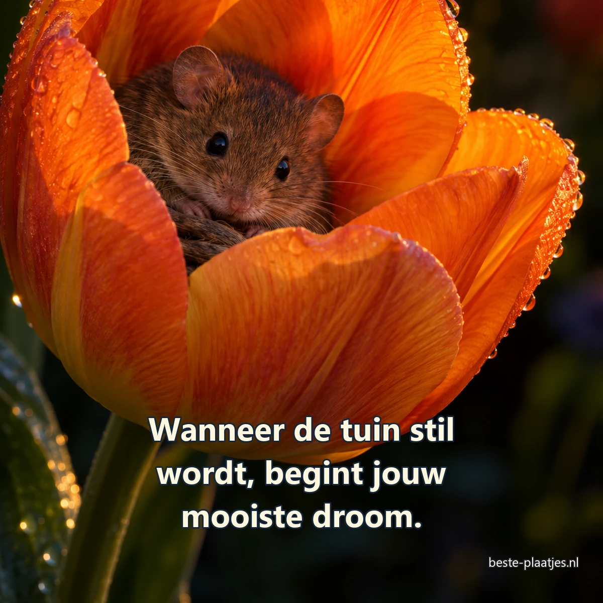 Een veldmuis ligt opgerold in de kelk van een oranje tulp.