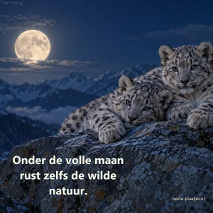 Twee jonge sneeuwluipaarden rusten op een rots onder de volle maan.