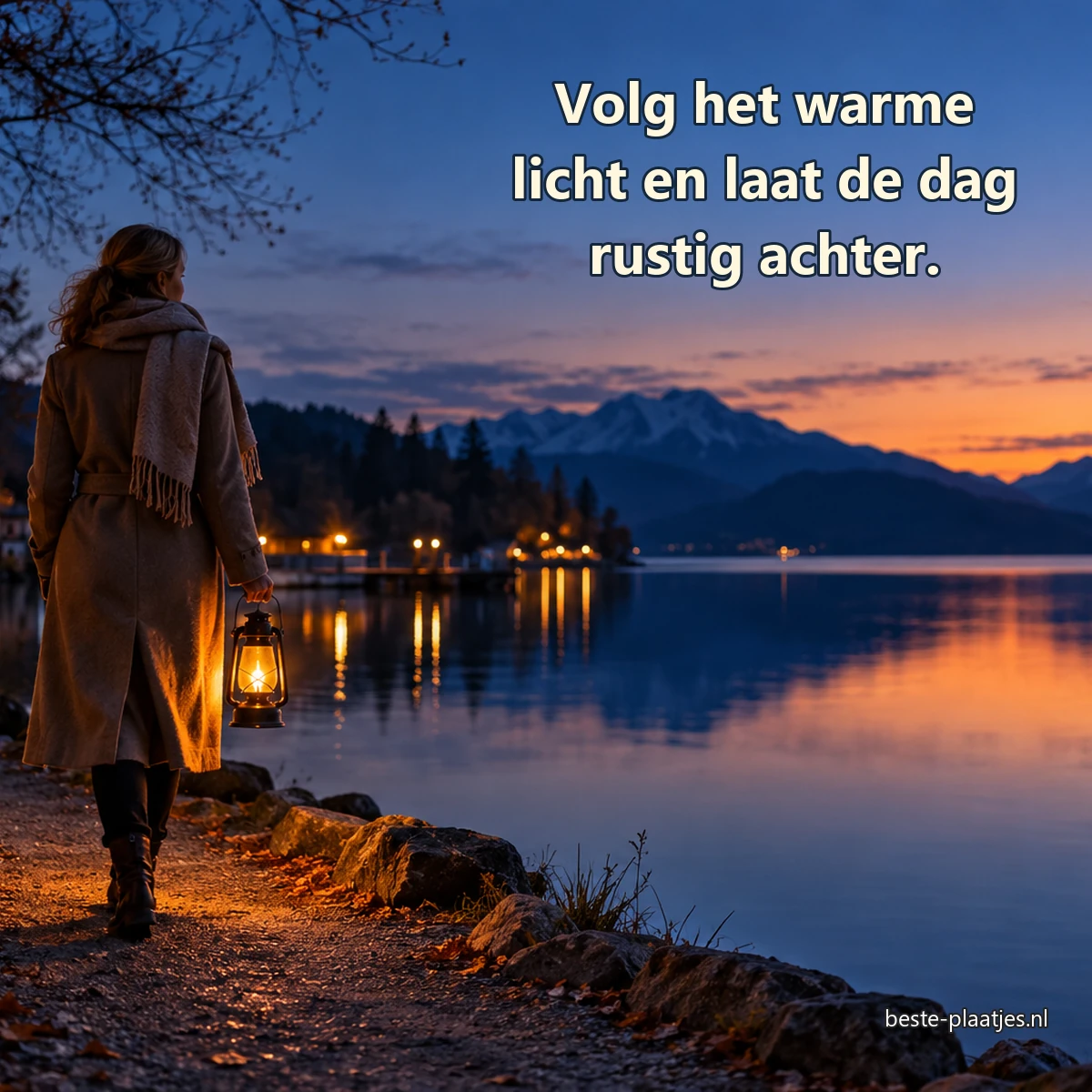 Een vrouw wandelt met een lantaarn langs een stil meer bij schemering.