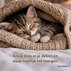 Een kleine tabbykitten slaapt in de capuchon van een beige vest.