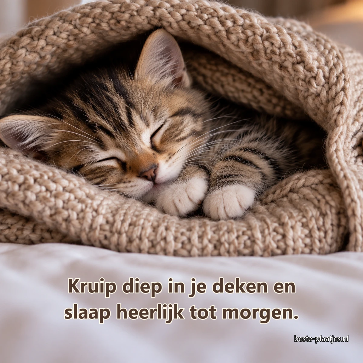 Een kleine tabbykitten slaapt in de capuchon van een beige vest.