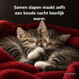 Twee kleine kittens liggen samen te slapen in een rode wollen deken.