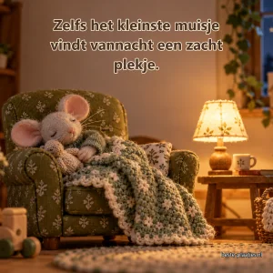 Een handgemaakt vilten muisje slaapt in een groene miniatuurstoel.
