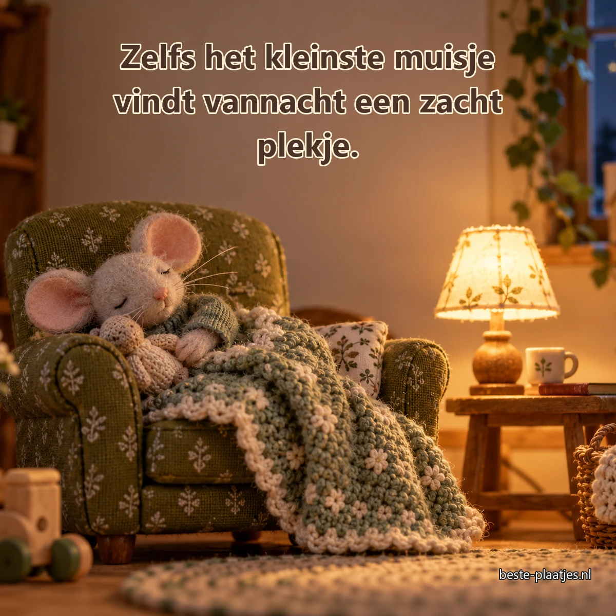 Een handgemaakt vilten muisje slaapt in een groene miniatuurstoel.