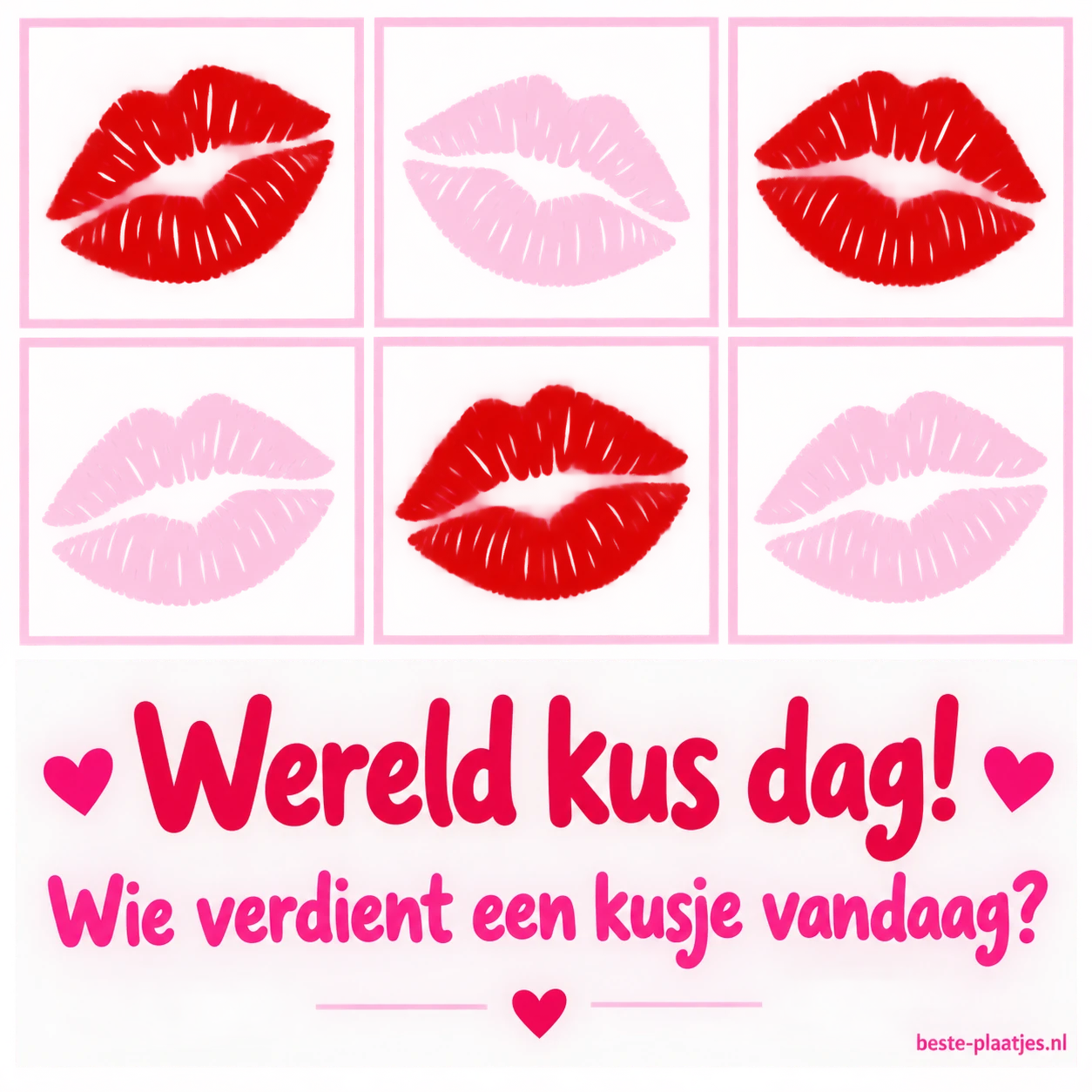 Roze en rode kusafdrukken staan in een grafisch raster.