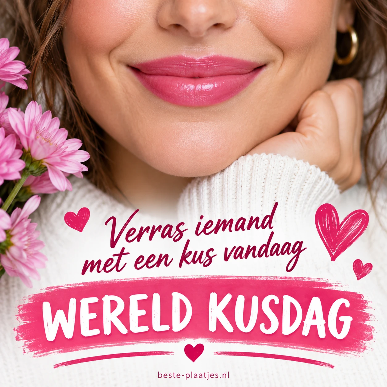 Een glimlach met roze lippenstift staat tussen bloemen en hartjes.