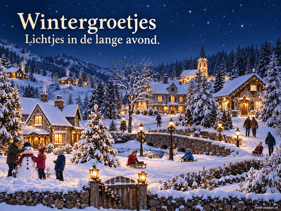 Een besneeuwd dorp met warme ramen en winterpret brengt een avondgroet.