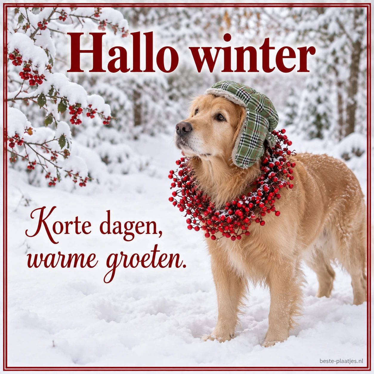 Een hond in een besneeuwd bos brengt een warme wintergroet.