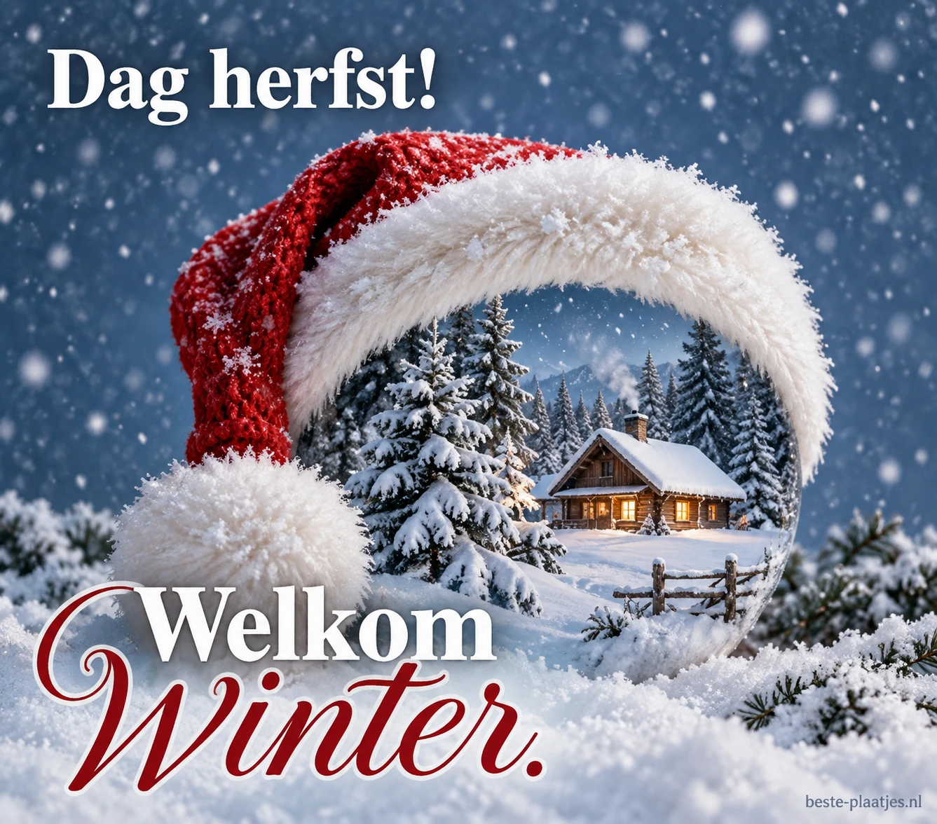 Een besneeuwd huisje in een decoratief mutsenkader verwelkomt de winter.