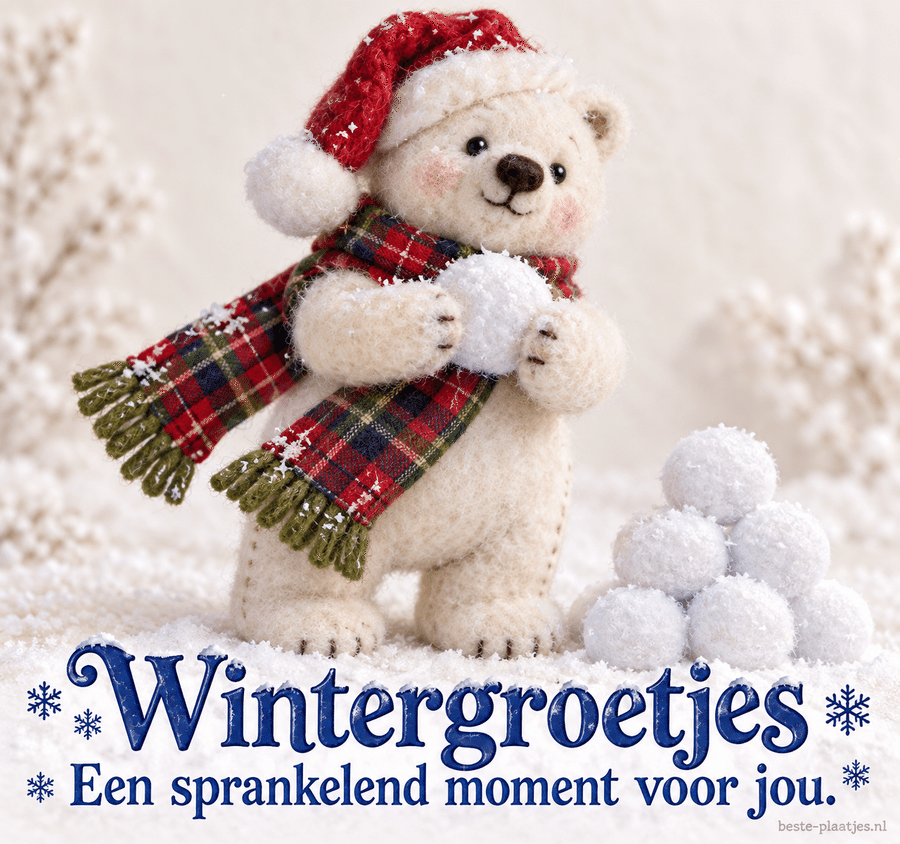 Een witte vilten ijsbeer met sjaal en sneeuwbal brengt sprankelende wintergroetjes.