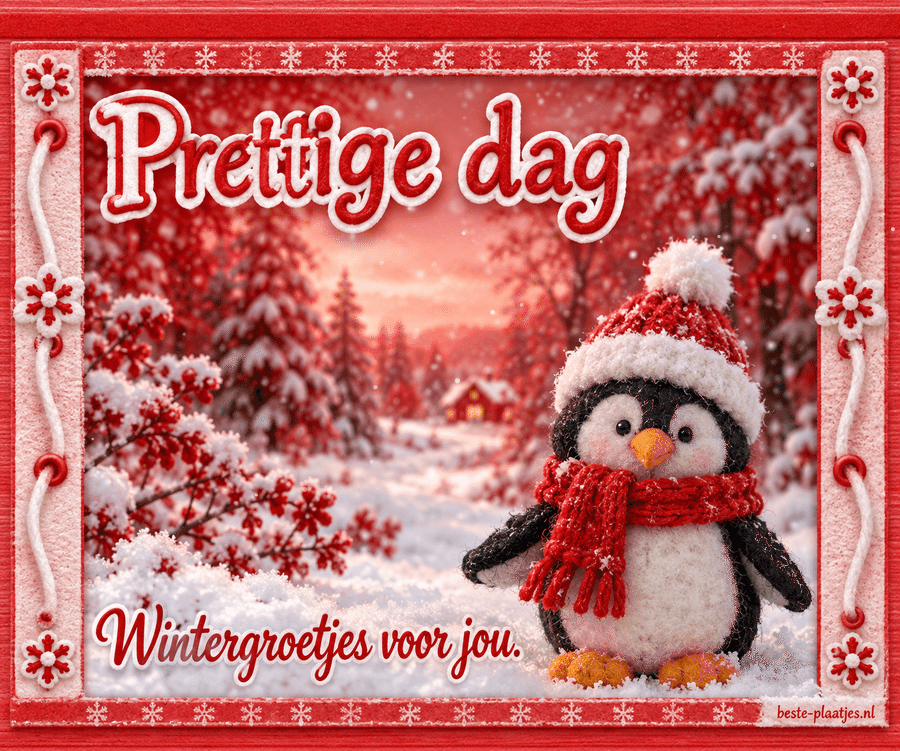 Een vilten pinguïn in een rood sneeuwkader wenst je een prettige dag.