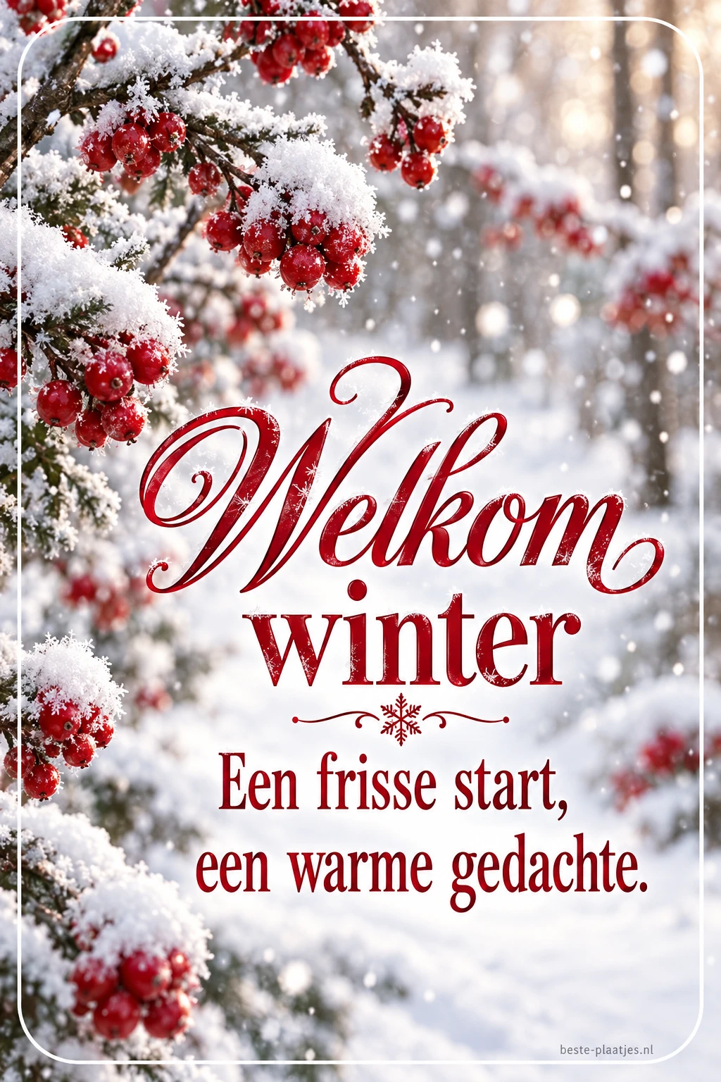 Rode bessen en besneeuwde takken vormen een rustige winterkaart.