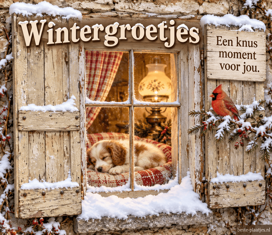 Een slapend hondje achter een warm raam brengt knusse wintergroetjes.