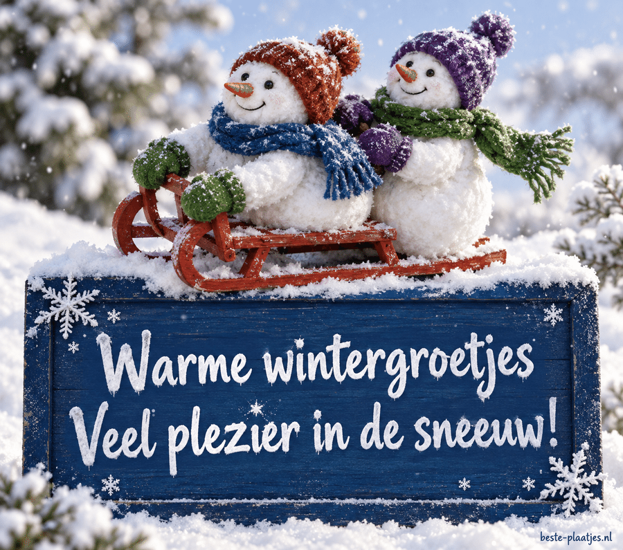 Twee sneeuwpoppen op een rode slee brengen vrolijke wintergroetjes.