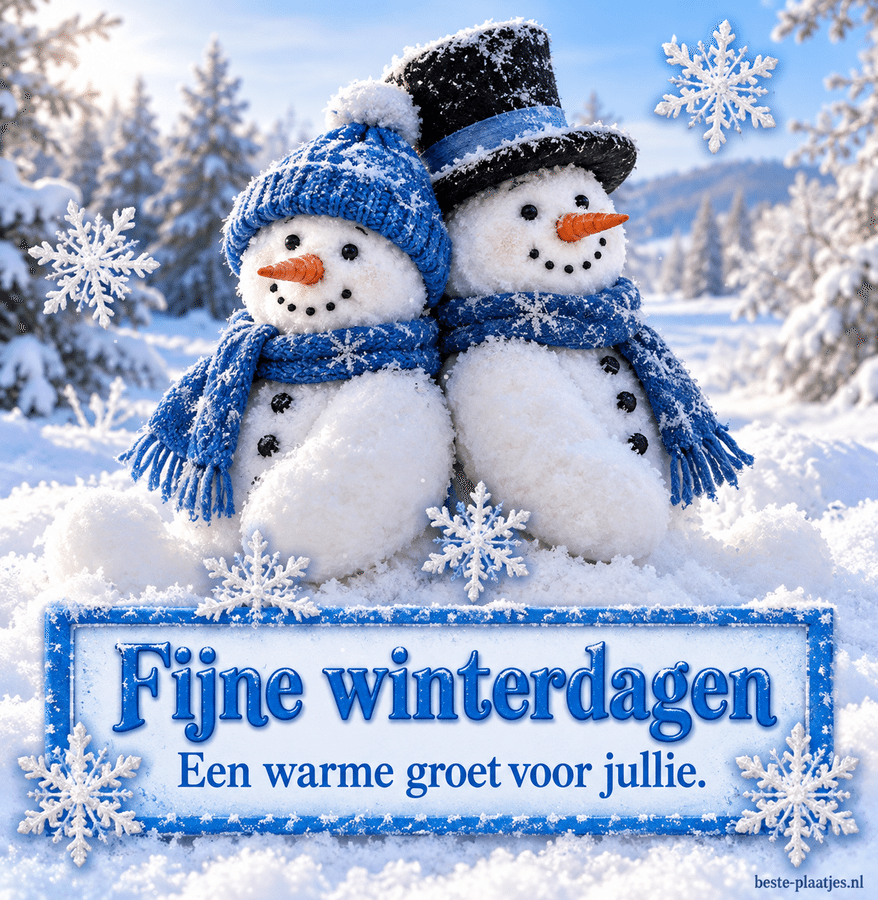 Twee sneeuwpoppen met blauwe sjaals brengen een warme wintergroet.