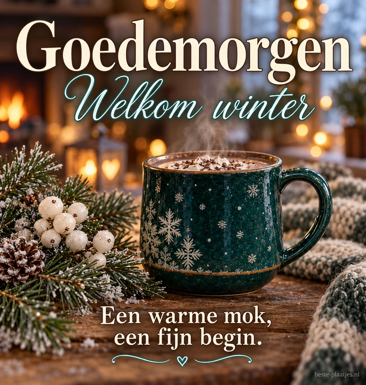 Een warme mok met dennengroen brengt een gezellige winterse ochtendgroet.