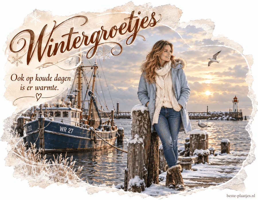 Een vrouw op een besneeuwde havensteiger brengt een hartelijke wintergroet.
