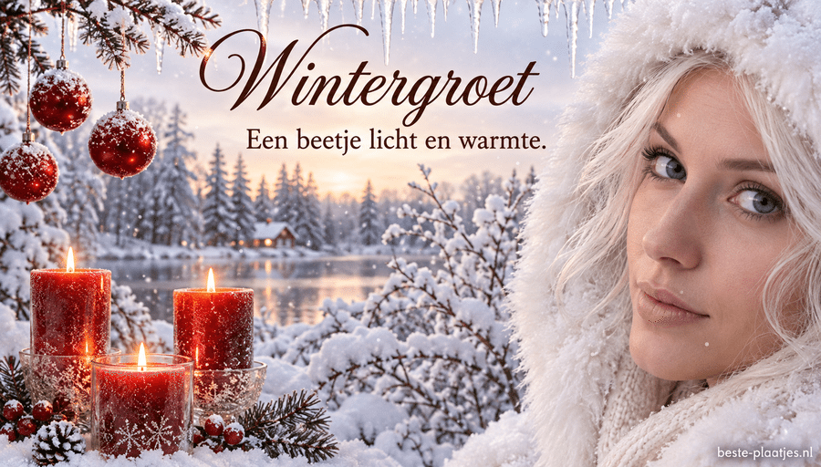 Een winterportret met rode kaarsen en sneeuw brengt een warme groet.