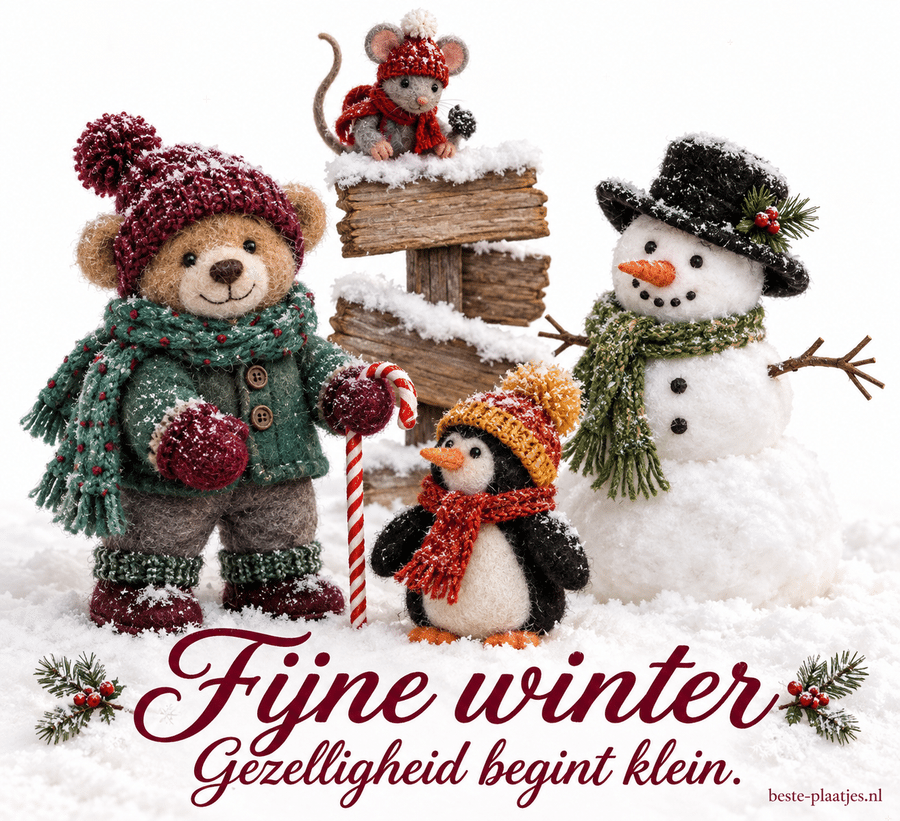 Een sneeuwpop met vilten dierfiguurtjes vormt een gezellige wintergroet.