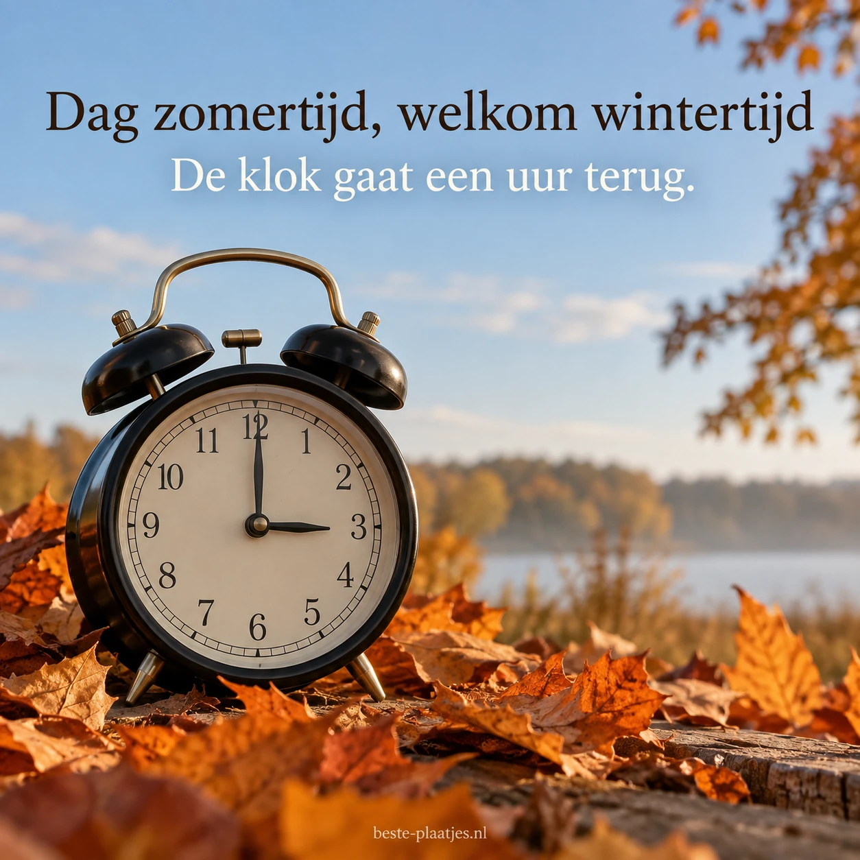 Een klassieke wekker tussen herfstbladeren kondigt de overgang naar wintertijd aan.