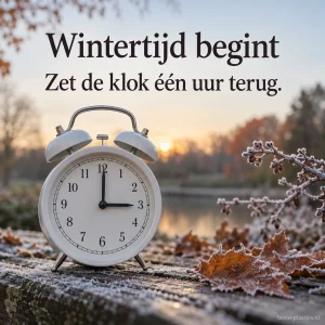 Een duidelijke klok en een koel landschap herinneren aan het begin van de wintertijd.
