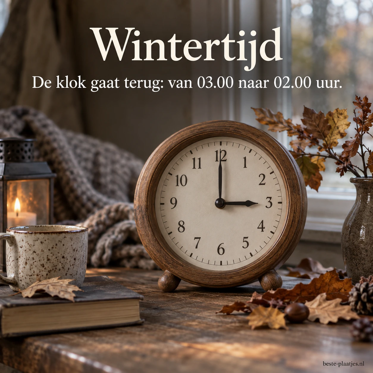 Een klok met herfstbladeren herinnert aan het terugzetten van de klok bij wintertijd.