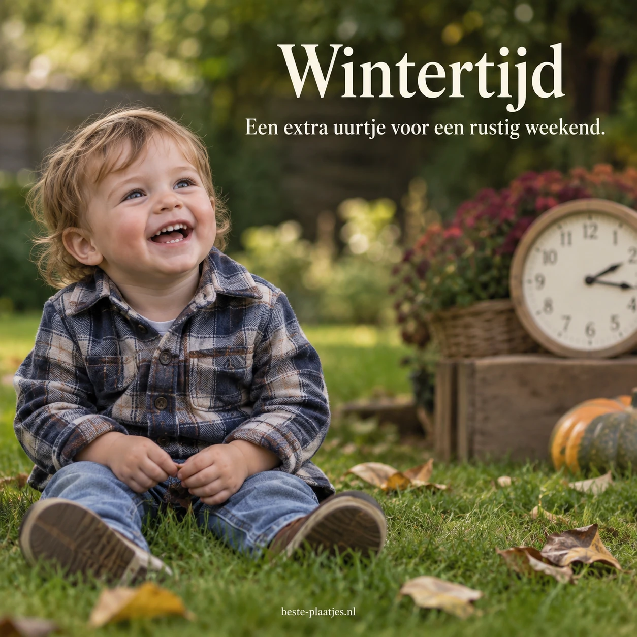 Een lachend kind op het gras geeft een vrolijke knipoog naar het extra uur bij wintertijd.