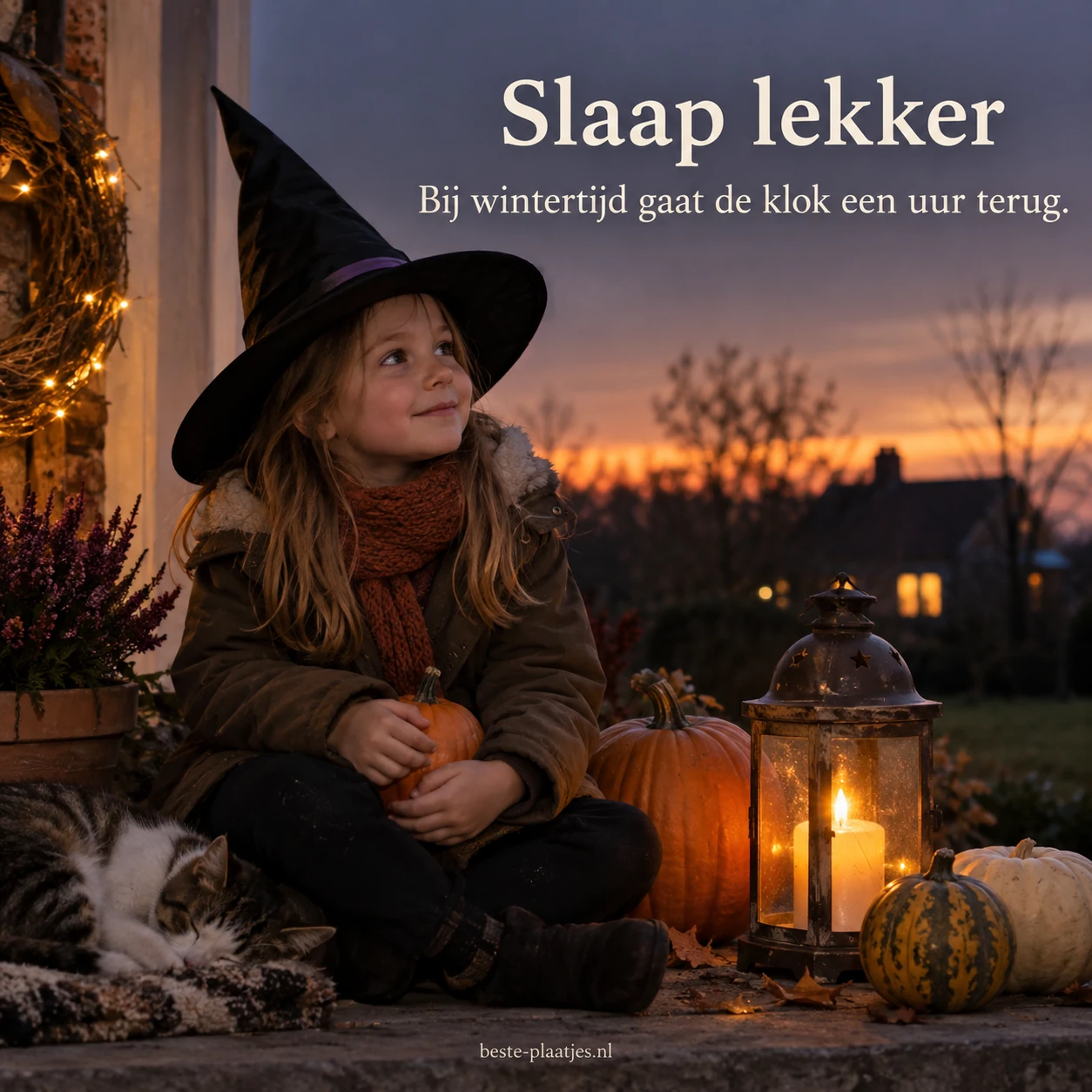 Een kind bij een lantaarn en pompoenen brengt een rustige avondgroet voor wintertijd.