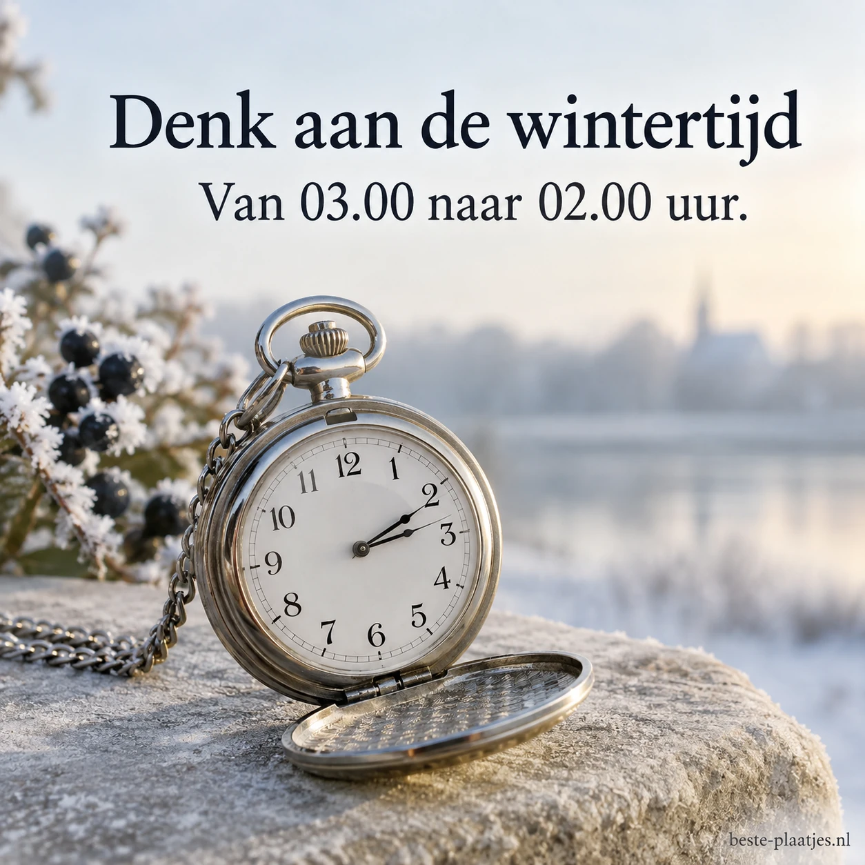 Een zilveren zakhorloge op een koele ondergrond herinnert aan het verzetten van de klok.