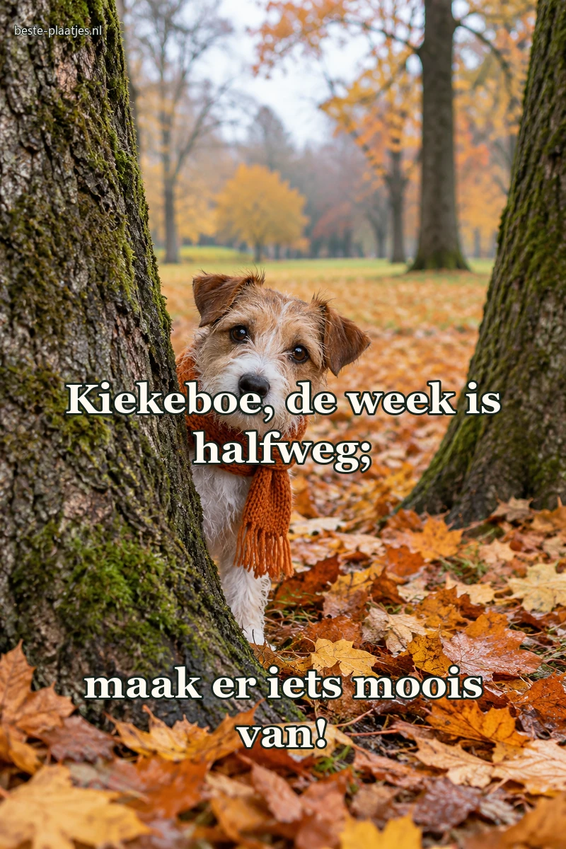 Een kleine terriër gluurt met een oranje sjaal tussen twee herfstbomen.
