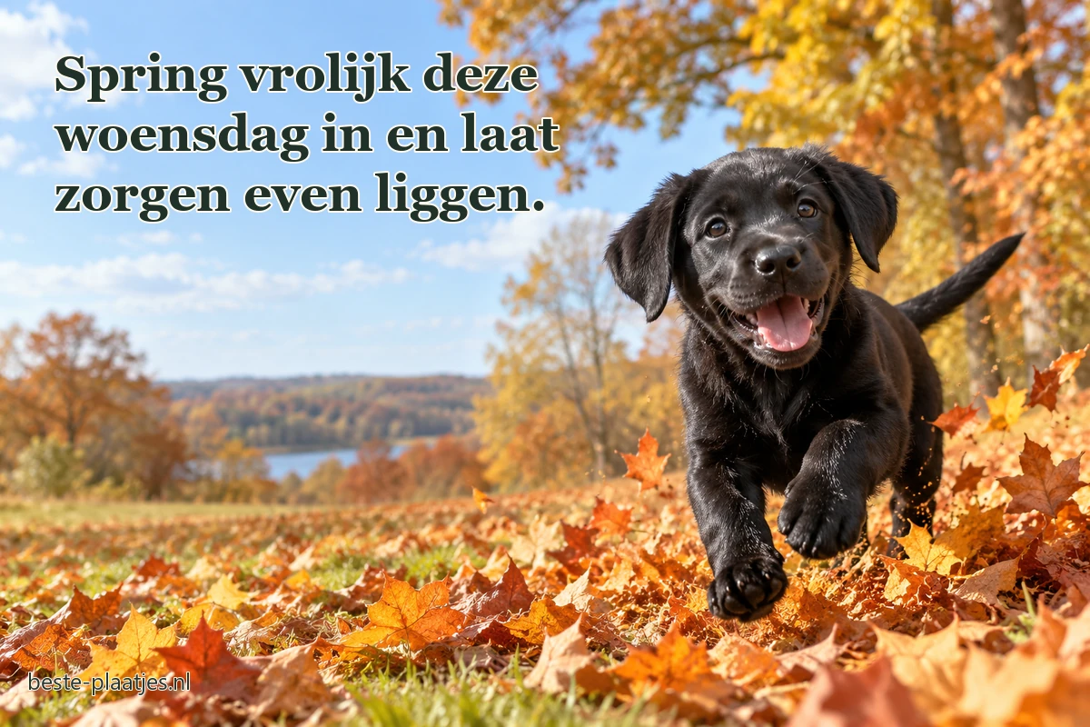 Een zwarte labradorpup springt door een veld met oranje bladeren.
