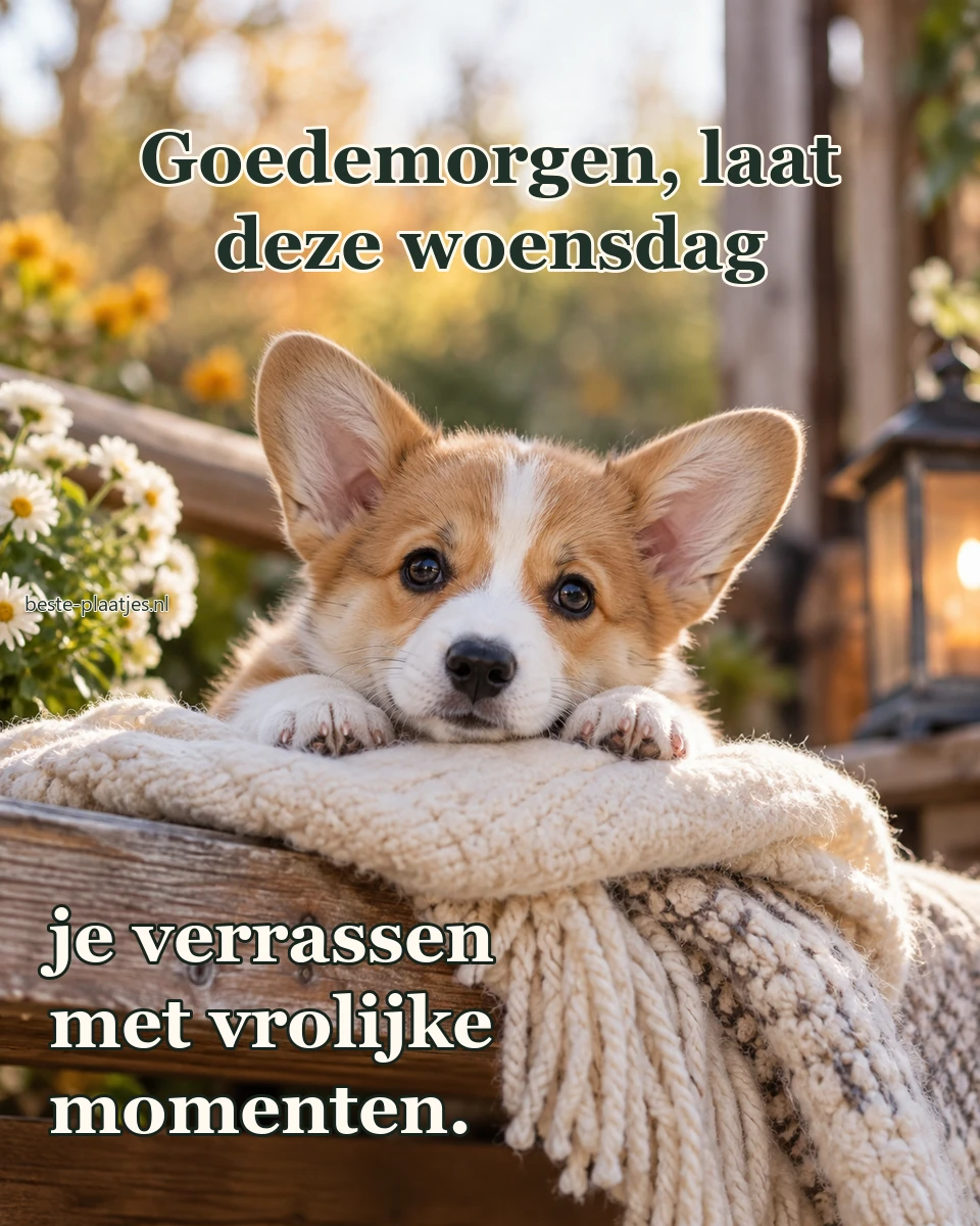 Een corgipup kijkt nieuwsgierig over een zachte wollen deken.
