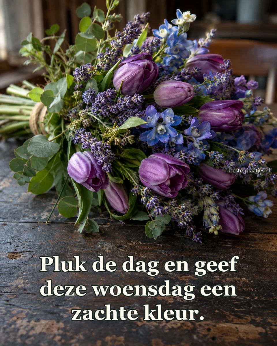 Een boeket paarse tulpen, lavendel en ridderspoor ligt op tafel.