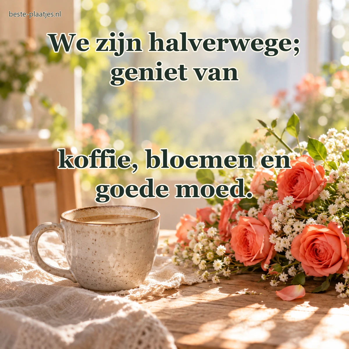 Een koffiekop staat naast een los boeket met koraalkleurige rozen.